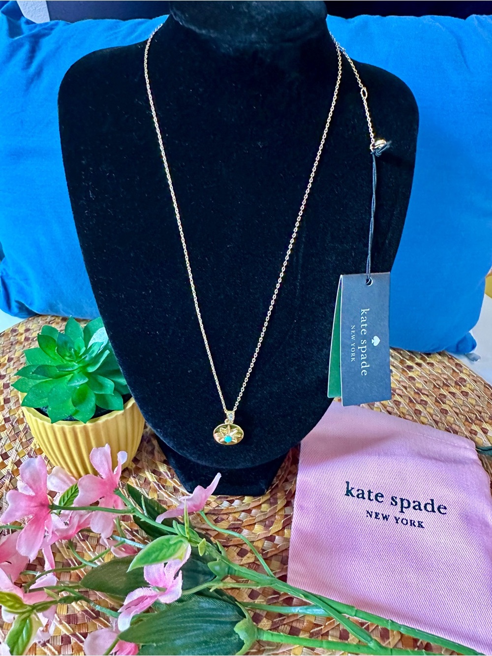 kate spade gold necklace with turquoise and white enamel flower pendant